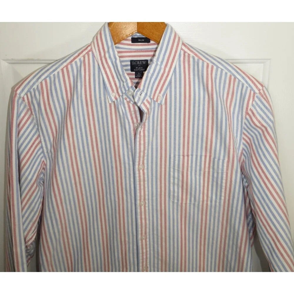 J.CREW Flex Oxford Slim Fit Button Down Shirt White/Red/Blue Stripes Size LG
